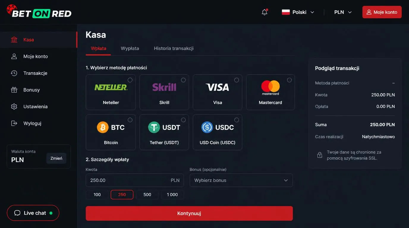 Panel kasyna z wyborem języka polskiego, waluty PLN oraz metod płatności