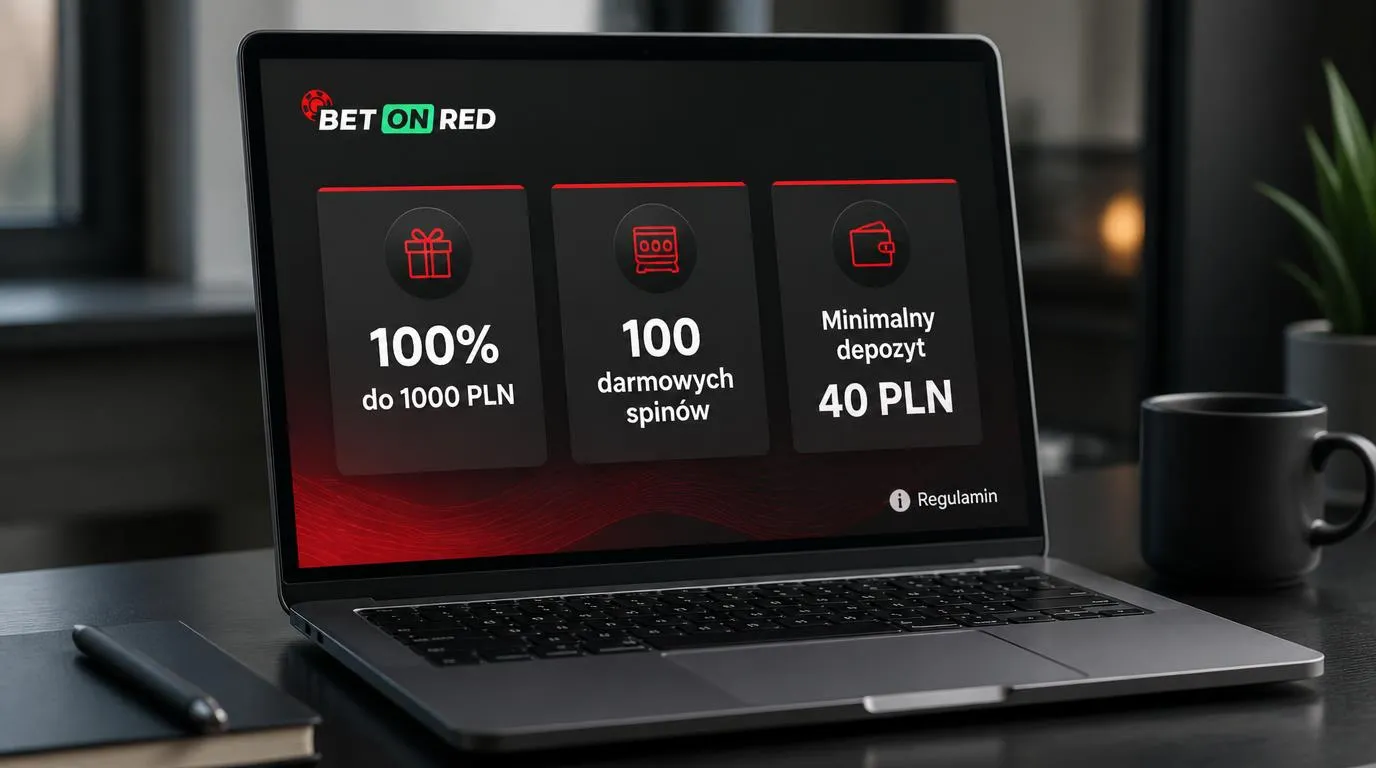 Ekran promocji kasyna z bonusem 100% do 1000 PLN, 100 darmowymi spinami i minimalnym depozytem 40 PLN